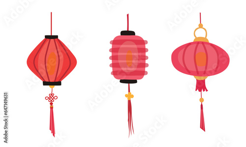 Paper lantern vector illustration set. Mid autumn festival concept. Traditional chinese or asian lantern. Handmade paper lamp. Flat vector in cartoon style isolated on white background.