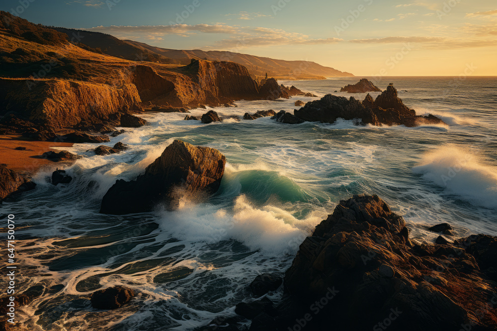 Obraz premium Coastal seascape with waves crashing on rocky cliffs illuminated by the setting sun during golden hour, Generative AI