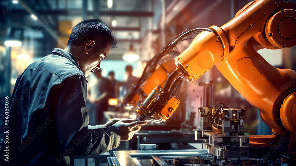 worker testing quality of mechanical arm machinery background worker testing quality of mechanical arm machinery background