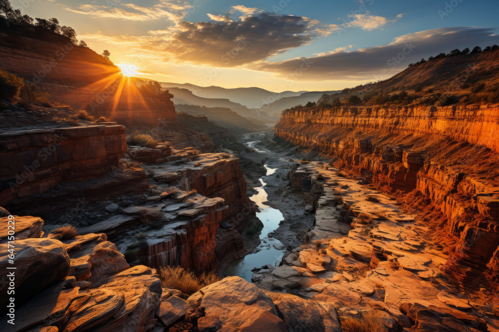 Dramatic canyon landscape with deep shadows and warm highlights during the golden hour, Generative AI