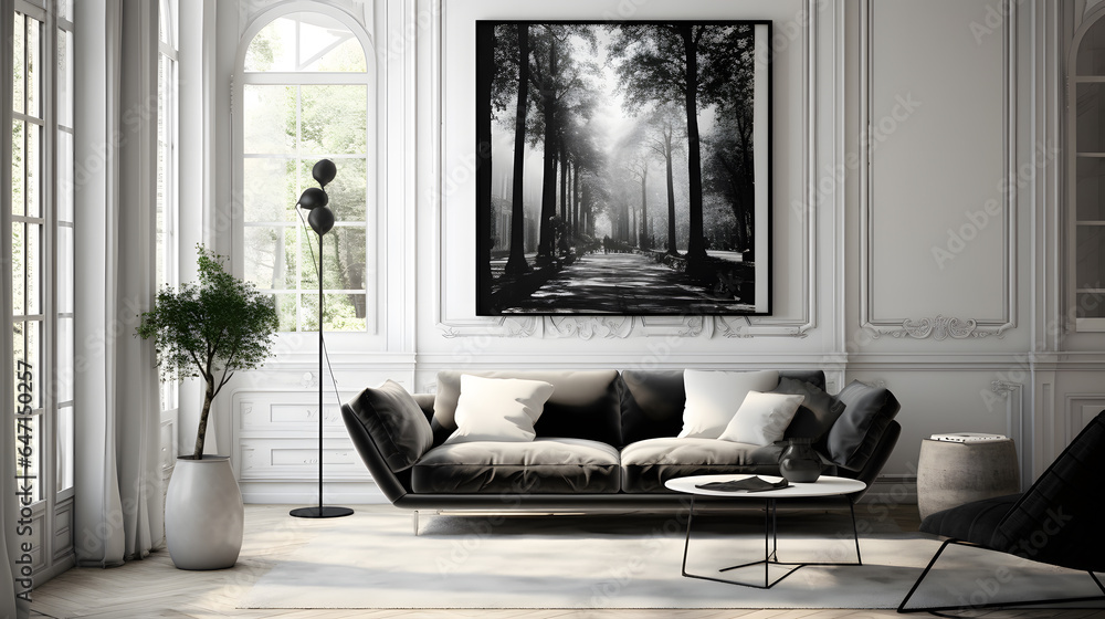 Explore the elegance of monochromatic interiors in this highly detailed photograph. It captures 