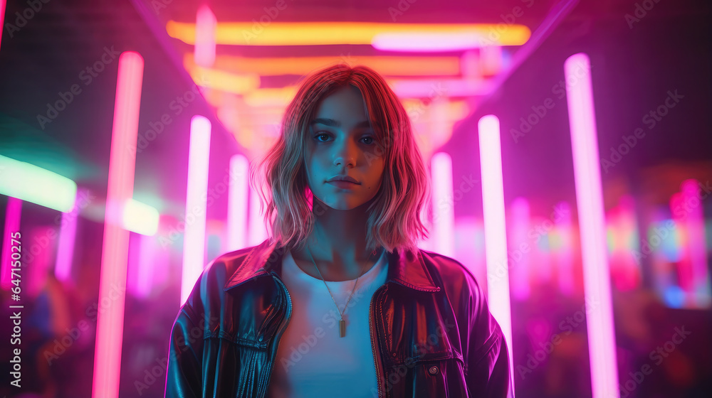 Generative AI, stylish fashionable teenager with a trendy hairstyle on a colored background, beautiful girl, youth, student, party, new generation, zoomer, space for text Generative AI, stylish fashionable teenager with a trendy hairstyle on a colored background, beautiful girl, youth, student, party, new generation, zoomer, space for text