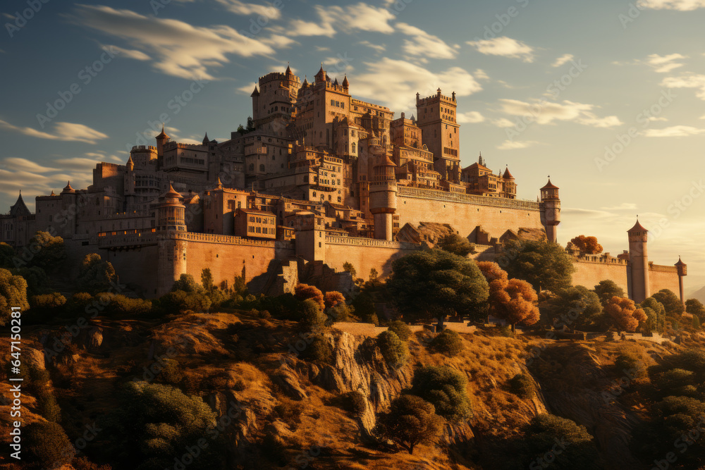  Historic castle perched on a hill with the warm glow of the golden hour enhancing its beauty during golden hour, Generative AI