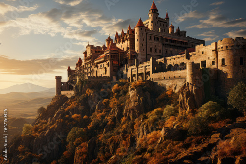  Historic castle perched on a hill with the warm glow of the golden hour enhancing its beauty during golden hour, Generative AI © fahmy