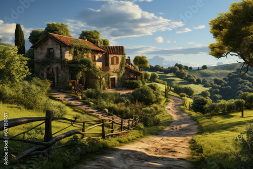Peaceful countryside with rolling hills and a rustic farmhouse immersed in the golden hour, Generative AI 
