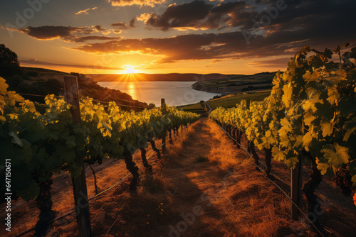 Picturesque vineyard with rows of grapevines drenched in golden light at sunset during golden hour  Generative AI