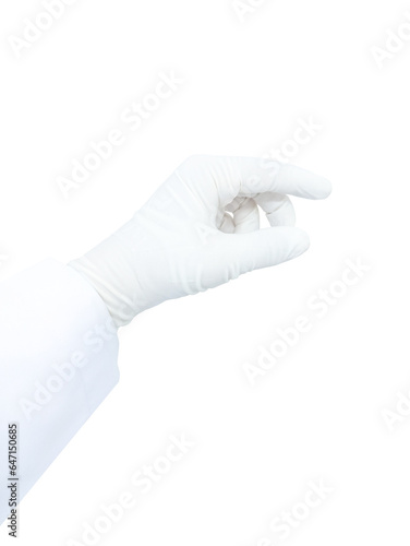 Hand wearing gloves, white gloves, germ-free white gloves, germ-free doctor gloves, green background