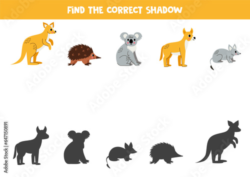 Find shadows of cute Australian animals. Educational logical game for kids. Printable worksheet for preschoolers.