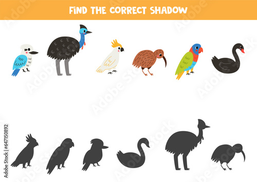 Find shadows of cute Australian birds. Educational logical game for kids. Printable worksheet for preschoolers.