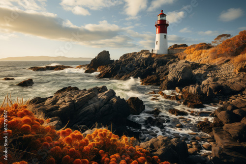 Remote lighthouse on a rocky coastline with the warm golden hues of sunset during golden hour, Generative AI
