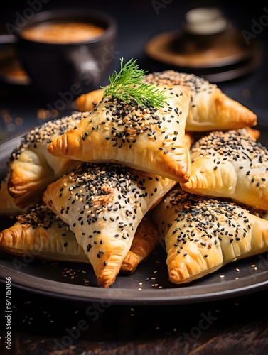 A tray of savory cheese-filled bourekas with poppy seeds, puff pastries