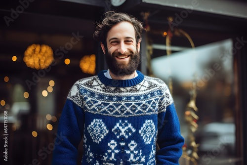 Person wearing a stylish Hanukkah-themed sweater, showcasing their holiday spirit photo