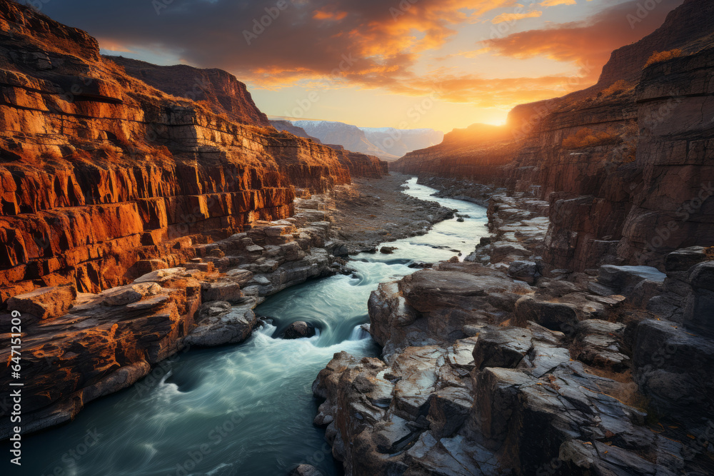 Rugged canyon with a river winding through it with the last light of the golden hour, Generative AI