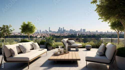 Experience the integration of outdoor living in urban spaces with modern flat design. The photograph showcases a stylish balcony or terrace with sleek furniture, greenery, and city views.
