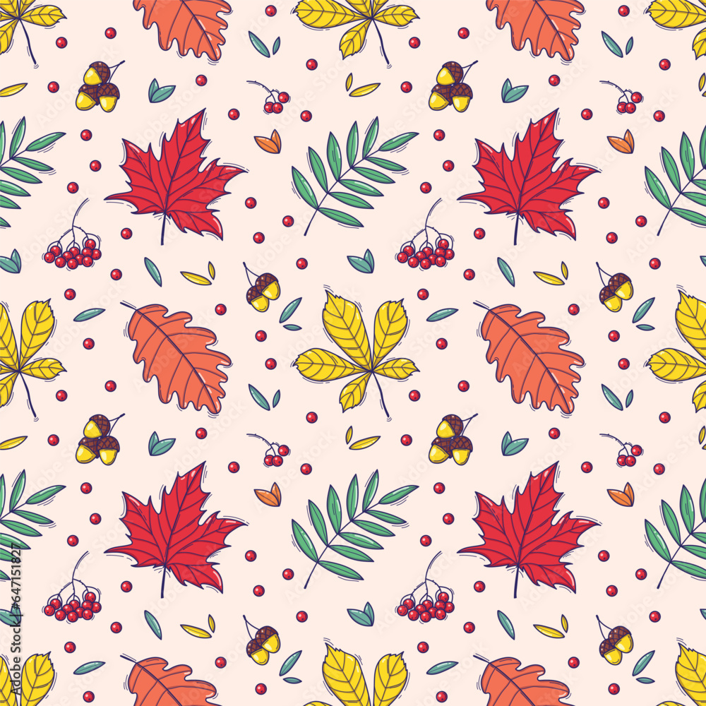 Fototapeta premium Autumn and thanksgiving seamless pattern with falling leaves in doodle style. Good for wrapping paper, textile prints, stationery, nursery decor, apparel, scrapbooking