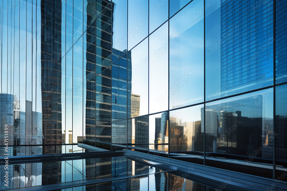 In large glass walls a building and a skyscraper are mirrored, glass office building image