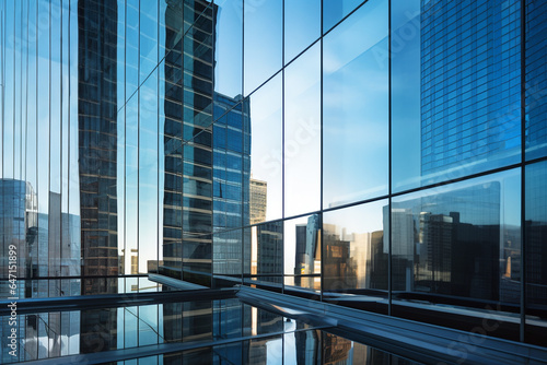 In large glass walls a building and a skyscraper are mirrored, glass office building image