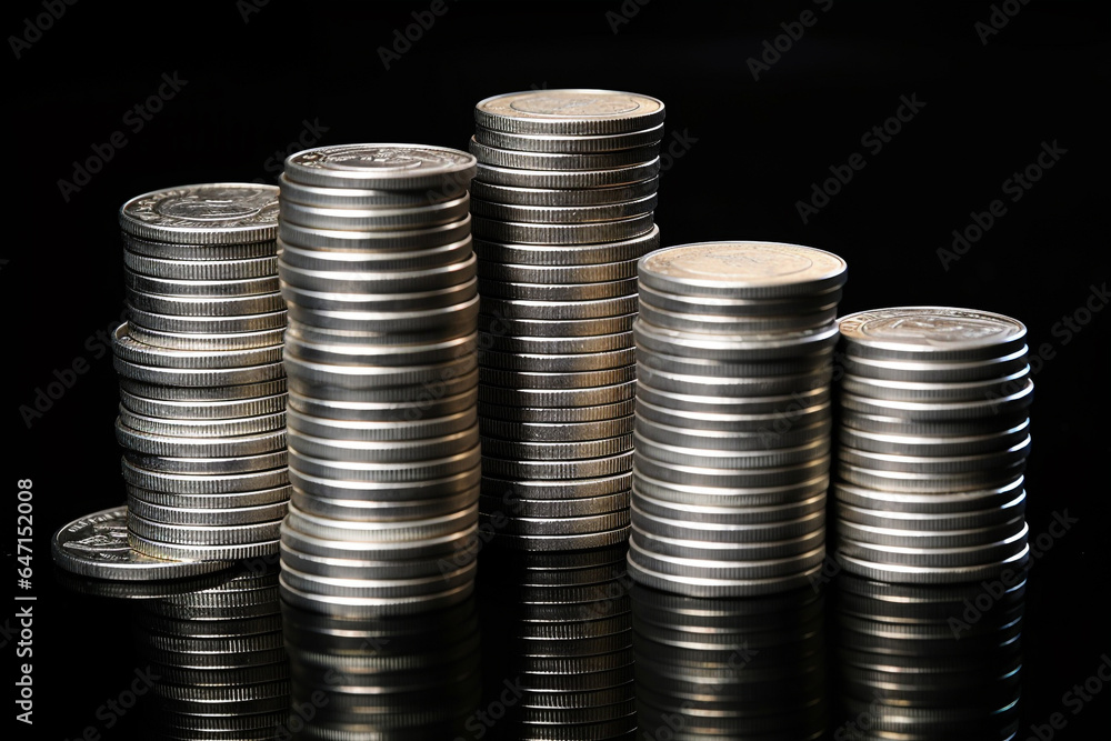 Dollar coins stacked high against a black background, money and finance image Dollar coins stacked high against a black background, money and finance image