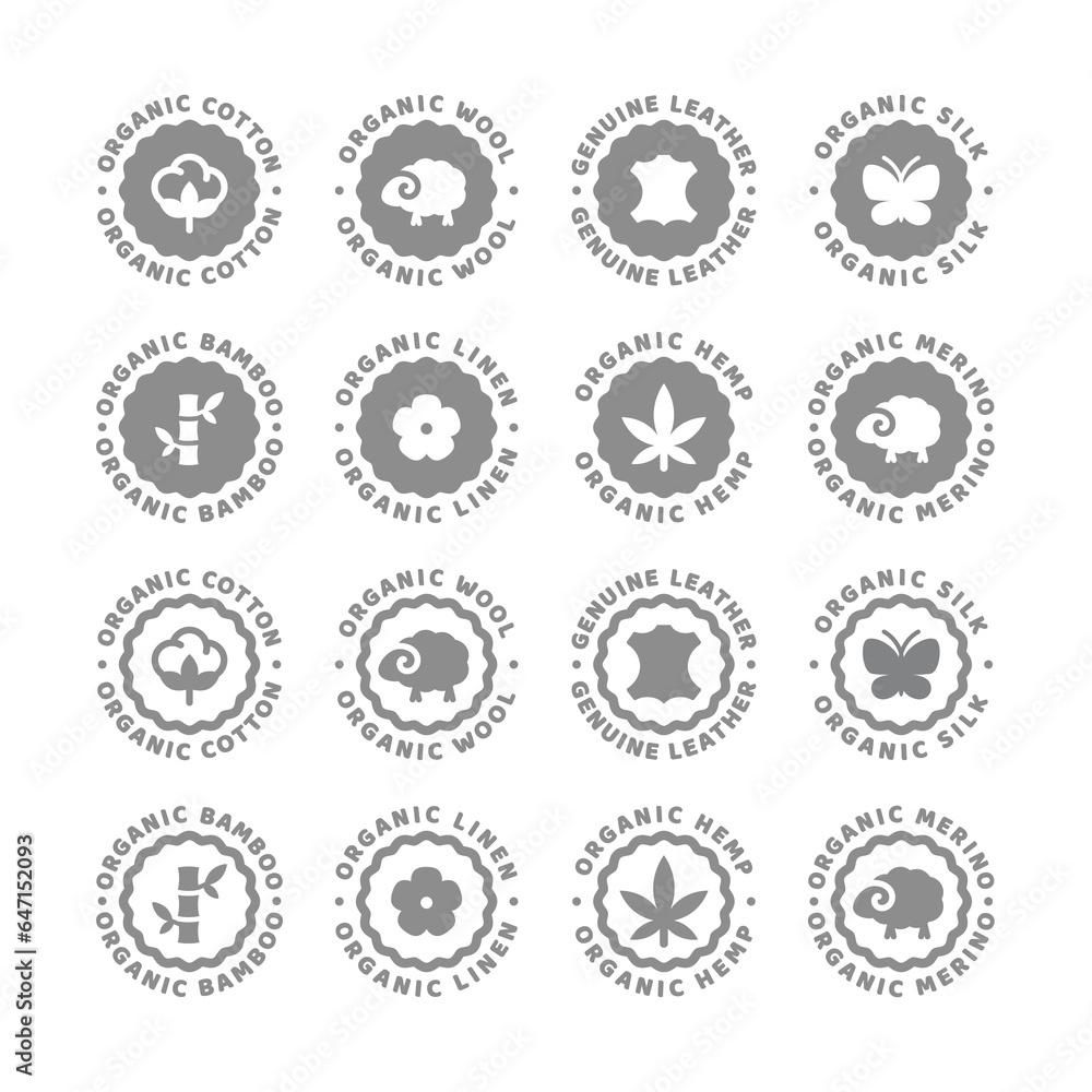 Organic wool, cotton and linen vector label. Natural hemp and silk, genuine leather material or fabric icon. Organic wool, cotton and linen vector label. Natural hemp and silk, genuine leather material or fabric icon.