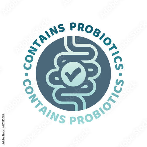 Contains probiotics colorful vector label. Bowels, intestines microbiome or microflora good bacteria icon.