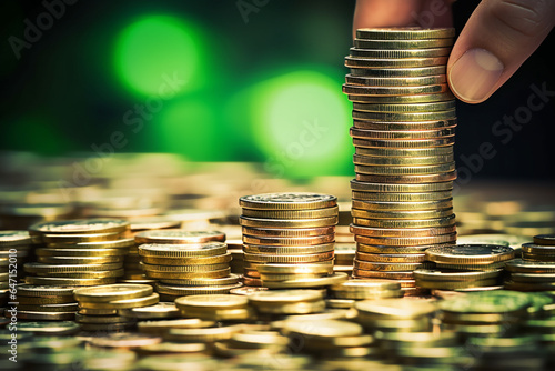 A hand adding coins to the top of a stack, money and finance image