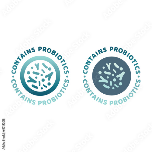 Contains probiotics colorful vector label. Bowels, intestines microbiome or microflora good bacteria icon.