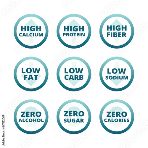 High calcium, fiber and protein labels. Low fat, zero sugar and low sodium vector label set.