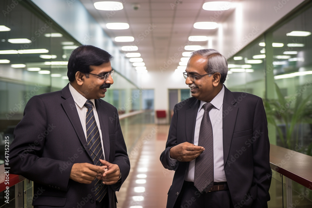 Two businessmen of Indian descent are conversing in an office corridor, manager and boss images
