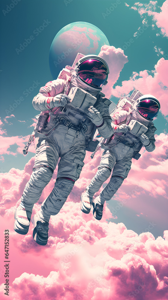 Astronauts Surrounded by Pink Clouds