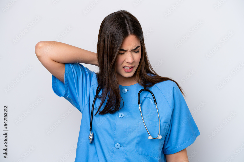 Young Brazilian nurse woman isolated on white background with neckache Young Brazilian nurse woman isolated on white background with neckache