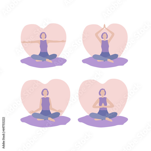 Four pictures of a girl doing yoga exercises in a purple and blue suit against the background of a heart on a large pillow. Hands to the sides, hands together over the head, lotus, palms together. Nic