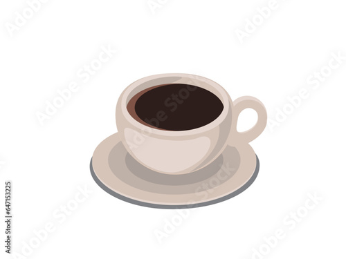 Cup on a saucer with hot coffee, cocoa, tea in the center on a white background