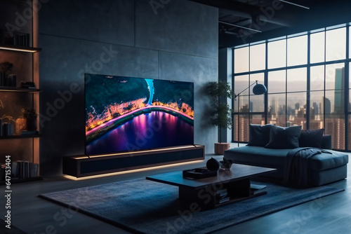 Big Screen TV Takes Center Stage in Modern Living Room. Generative AI