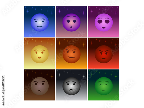 A set of emoticons with different emotions on multicolored backgrounds, twinkling stars on a general white background