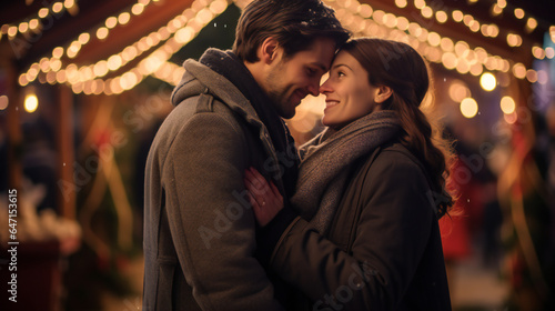 Couple Embracing at Christmas Market. Christmas Market Magic. Young Love Under the Twinkling Lights