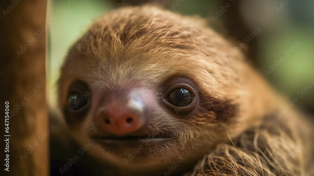 Curious Baby Sloth Peeking Out from Behind a Leaf. Generative AI Curious Baby Sloth Peeking Out from Behind a Leaf. Generative AI