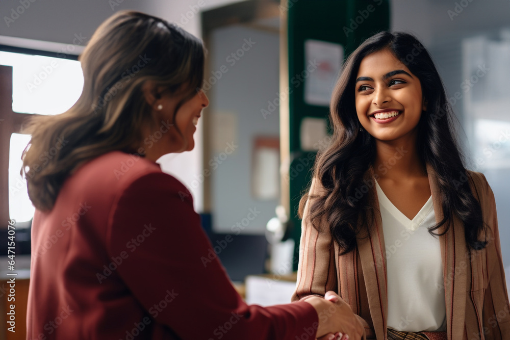 Indian businesswoman and woman shaking hands after job interview, achievement and success image Indian businesswoman and woman shaking hands after job interview, achievement and success image