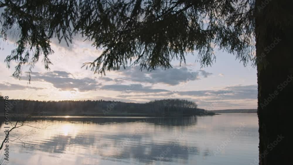 View of the river and sunset from the thicket of the forest. Sunset. View of the river and sunset from the thicket of the forest. Sunset.