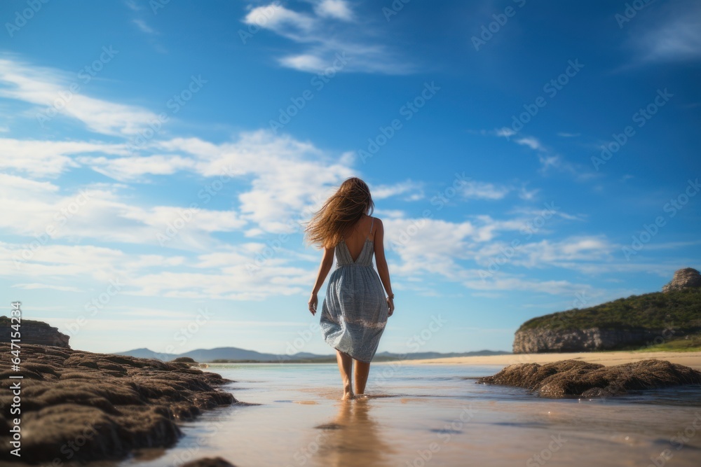Beautiful girl walking along the sea beach