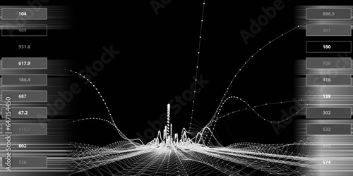 Abstract background graph  wavy grid with spheres and data boxes. Technology wireframe interlacement concept in virtual space. Banner for business, science and technology data analytics. Big Data.