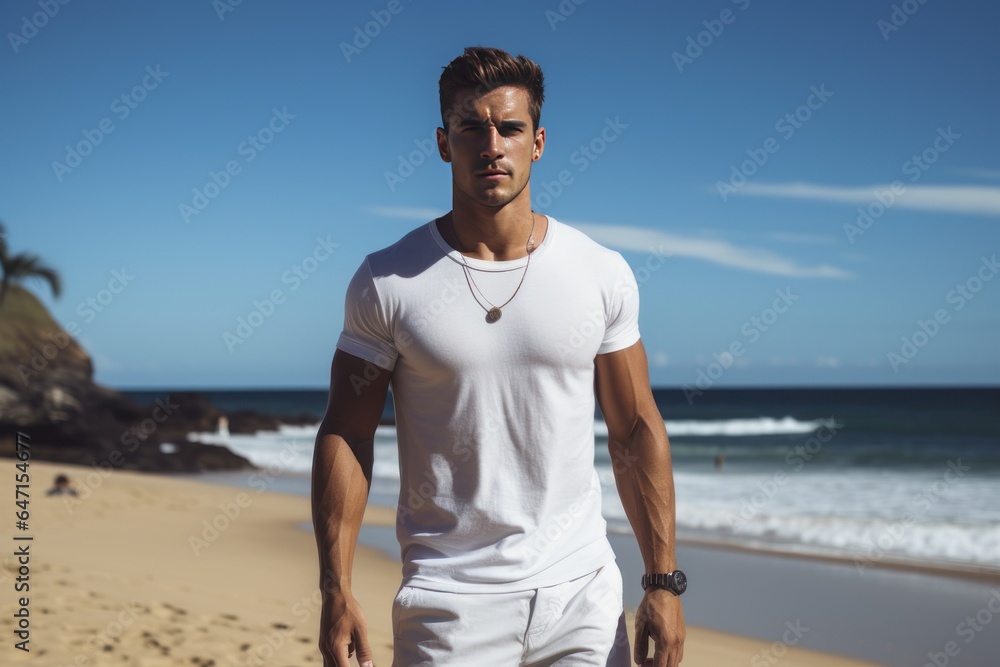 Fototapeta premium handsome man walking along the sea beach