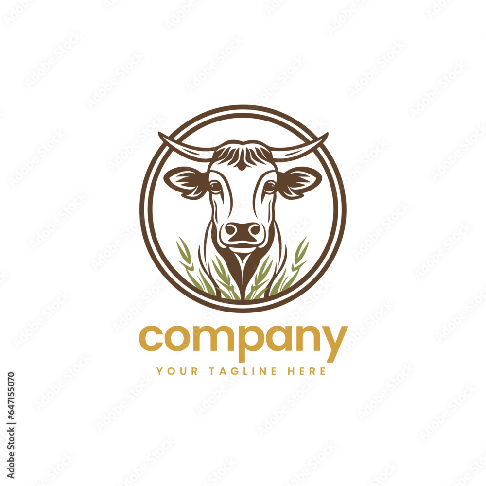 emblem head of buffalo cow cart bull cattle dairy farm pet logo illustration icon flat t shirt design 