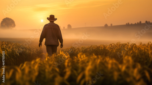 Farmer in the Fields. A New Day for Agriculture. Bountiful Harvest at Sunrise
