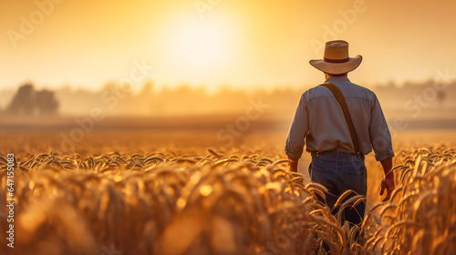 Farmer in the Fields. A New Day for Agriculture. Bountiful Harvest at Sunrise