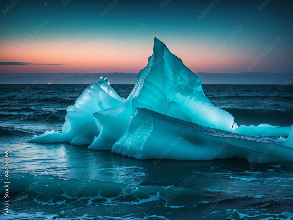 Fototapeta premium dark sea with iceberg at sunset