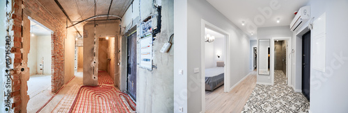 Wallpaper Mural Comparison of old apartment with underfloor heating pipes and new renovated flat with doors and white walls. Photo collage of apartment before and after restoration. Home renovation concept. Torontodigital.ca