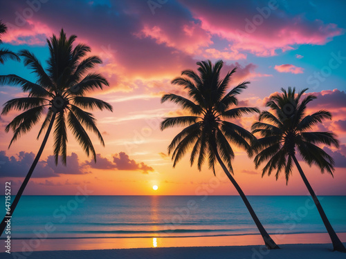 summer sunset beach with palm tree © magann