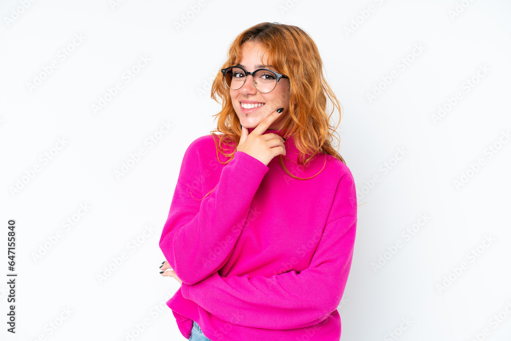 Young caucasian woman isolated on white background happy and smiling Young caucasian woman isolated on white background happy and smiling