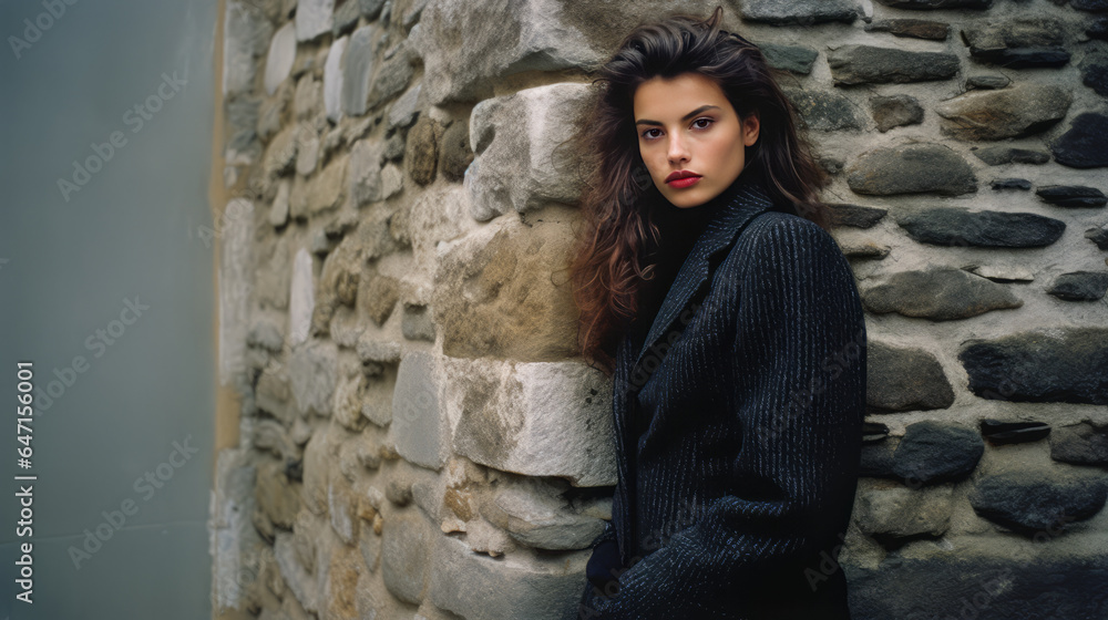 Glamour portrait of a fashion model leaning against a stone wall. Wearing a black coat. Perfect hair and skin, stoic expression., casual pose.