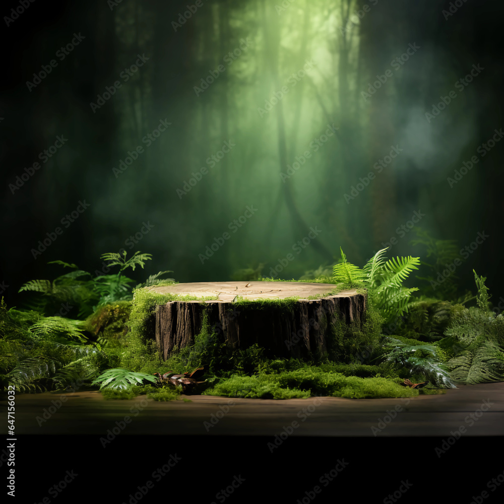 Wooden podium tabletop blurs the green backdrop, Green moss thrives on the aged log stage, green podium for nature product display, organic product showcase, studio lighting, Generative AI. - obrazy, fototapety, plakaty 